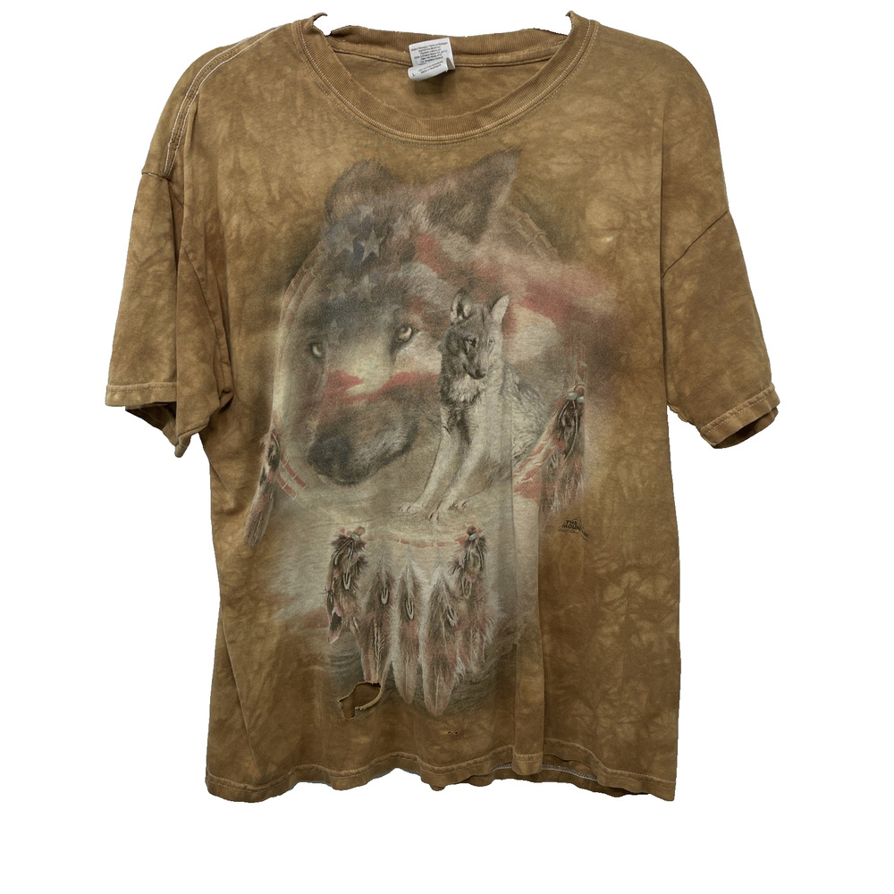 Thrashed Y2K Wolf T Shirt Streetwear Mens L‎ Faded Acid Wash Indian Brown Holes